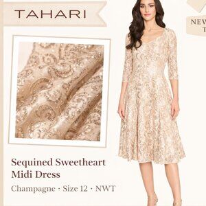 Tahari Sequined Sweetheart Midi Dress | Champagne | NWT Size 12